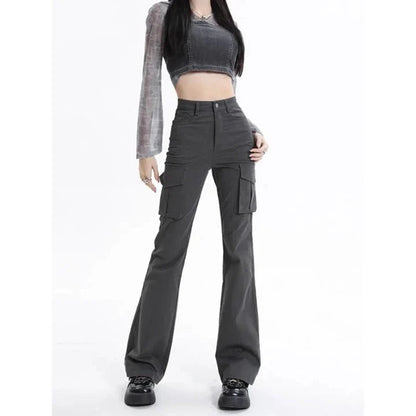Stylish high-waist slim cargo jeans for modern American women, featuring a sleek silhouette and practical design