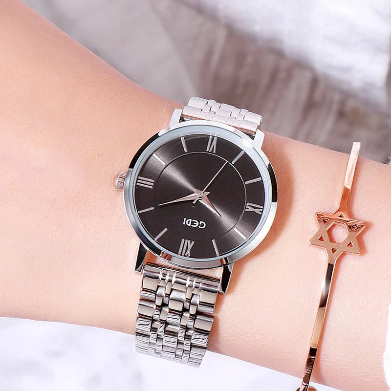 Fashionable women's waterproof watch with alloy and stainless steel construction, available in various color options