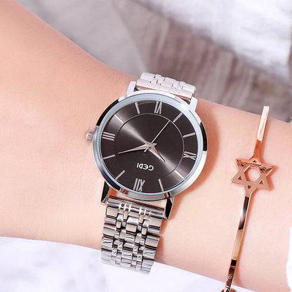 Fashionable women's waterproof watch with alloy and stainless steel construction, available in various color options