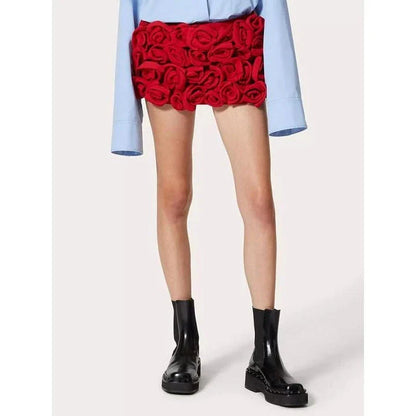Women's high-waist patchwork applique slimming shorts in red, featuring a flattering silhouette and delicate decorative details