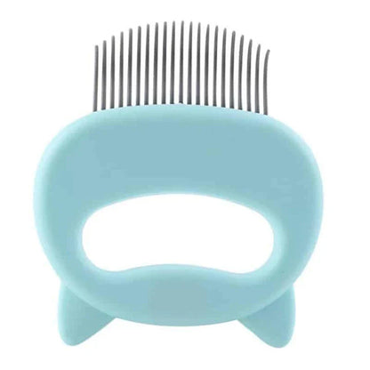 A blue pet grooming brush with a curved design, designed to gently massage and remove loose hair from your pet's coat.