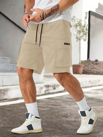 Drawstring waist men's workwear shorts with multiple pockets in various colors