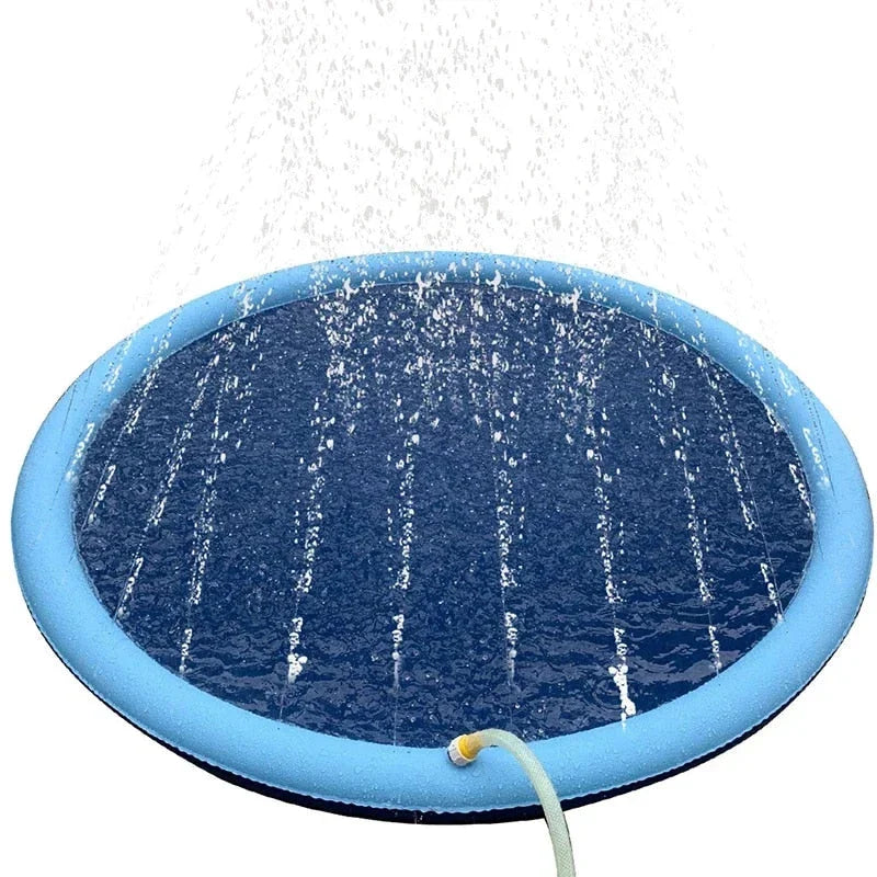 Inflatable blue dog splash pool and sprinkler mat with water jets, perfect for outdoor summer fun