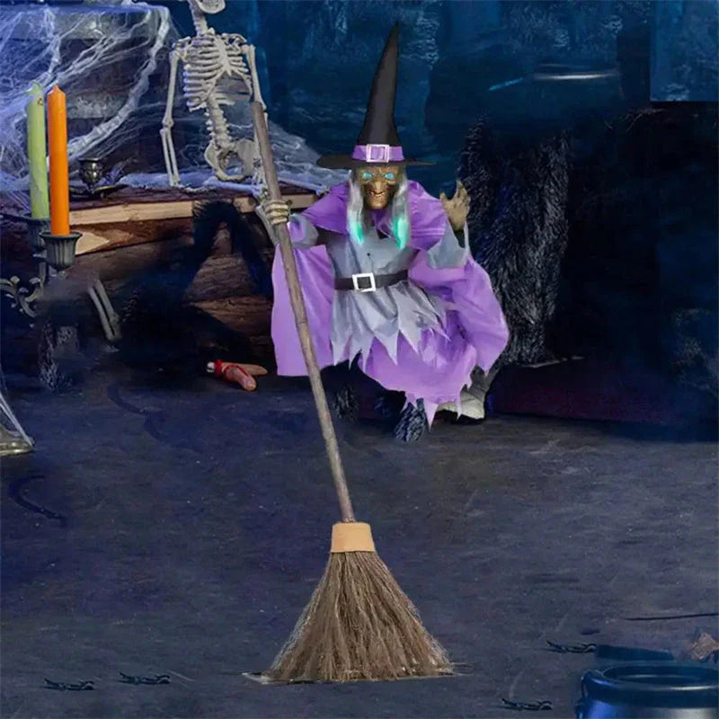 Large 6-foot animated floating witch decoration for outdoor Halloween, with lifelike facial features and flowing purple skirt