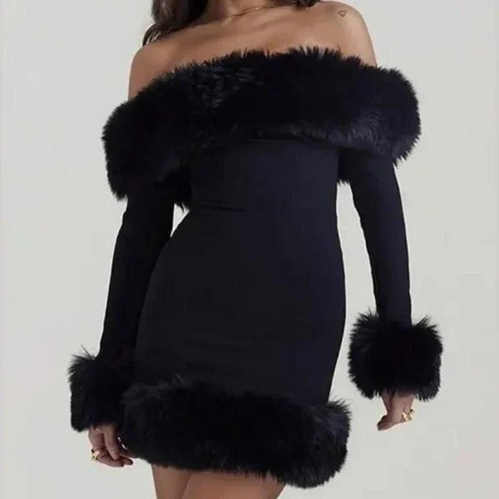 Elegant off-shoulder bodycon mini dress with fur trim for stylish autumn and winter occasions