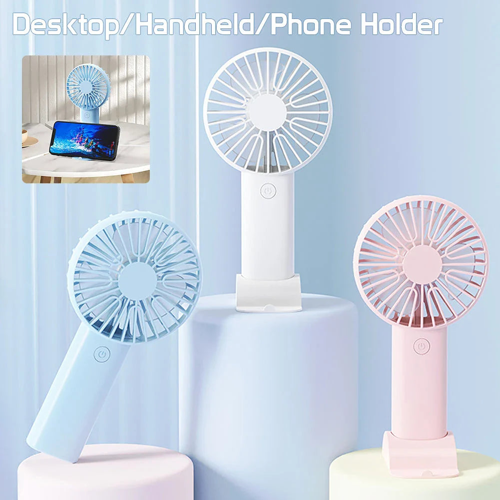 Compact USB Rechargeable Mini Handheld Fan with 3 wind modes, desktop stand, and phone holder for cooling anywhere