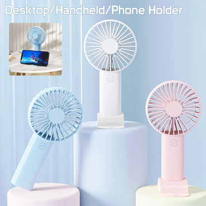 Compact USB Rechargeable Mini Handheld Fan with 3 wind modes, desktop stand, and phone holder for cooling anywhere