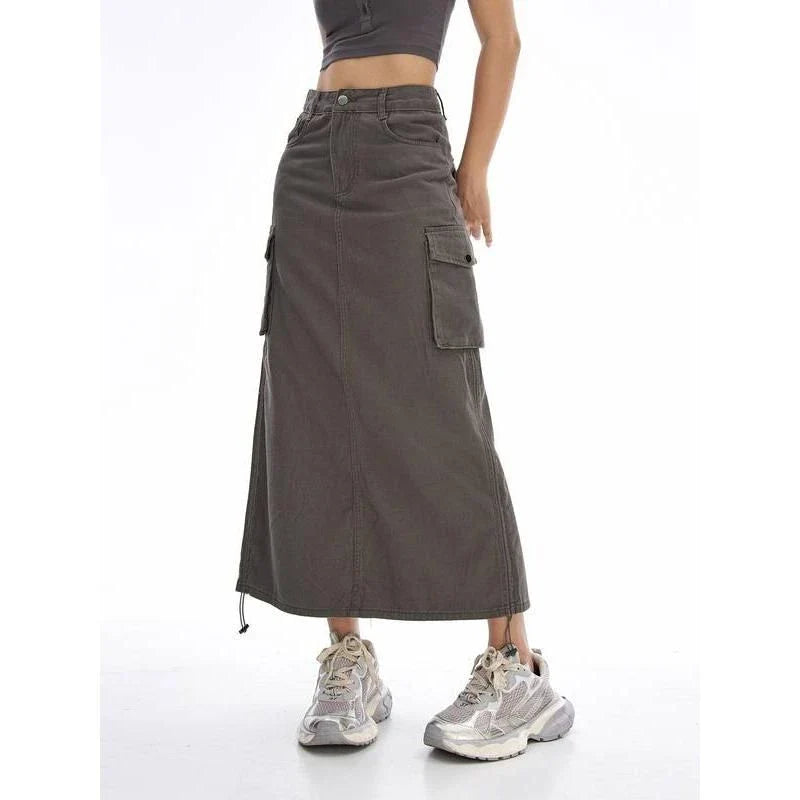 New Cargo Long Skirt - A versatile, mid-calf length skirt with a drawstring waist, pockets, and a flattering A-line silhouette