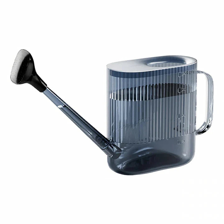 A large, dark grey gardening watering can with a long spout and sprinkler head for efficient, hassle-free plant watering
