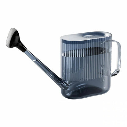 A large, dark grey gardening watering can with a long spout and sprinkler head for efficient, hassle-free plant watering