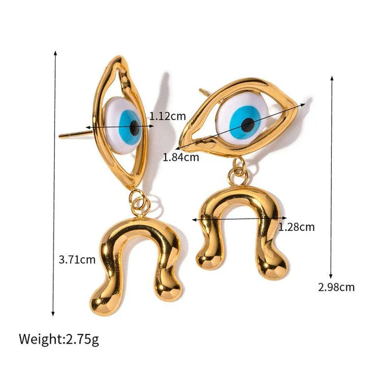 Pair of 18K gold plated stainless steel asymmetrical devil's eye earrings with a dripping oil finish
