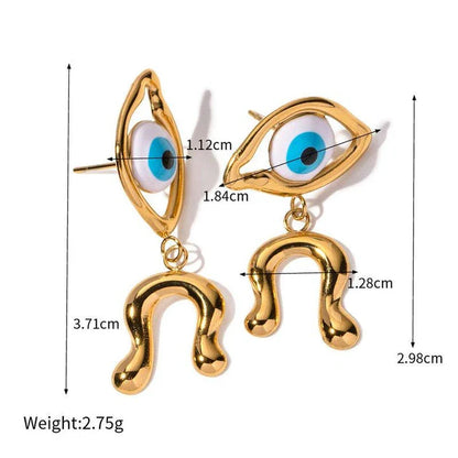 Pair of 18K gold plated stainless steel asymmetrical devil's eye earrings with a dripping oil finish