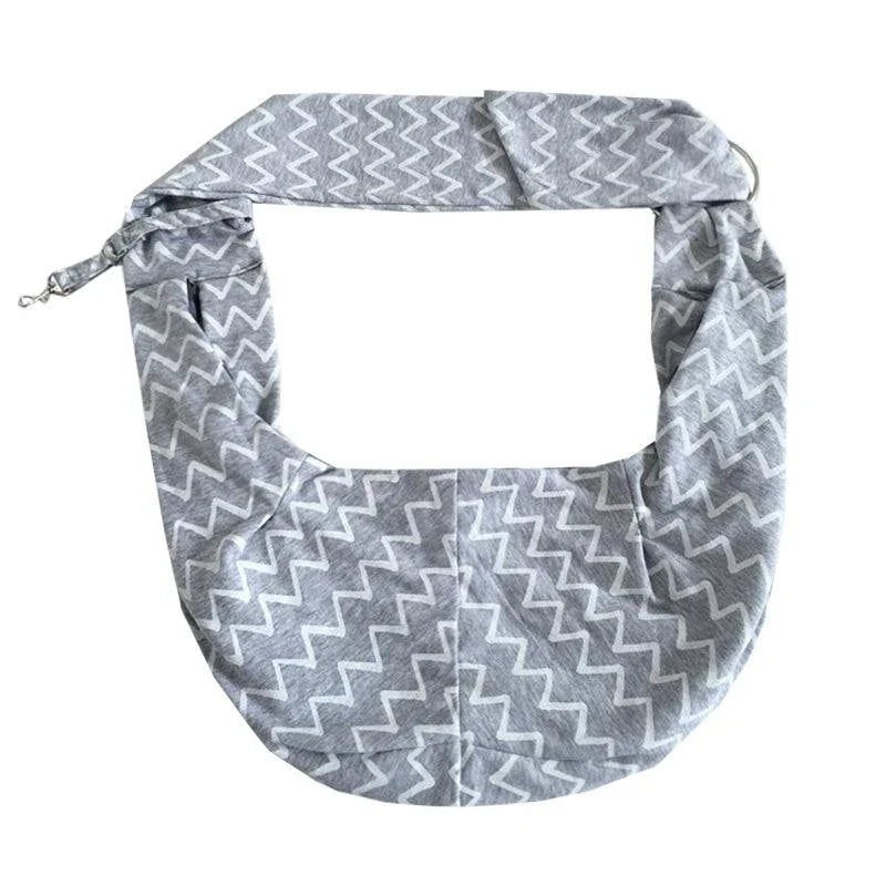 Adjustable gray striped cotton pet sling carrier bag for pets up to 13 lbs