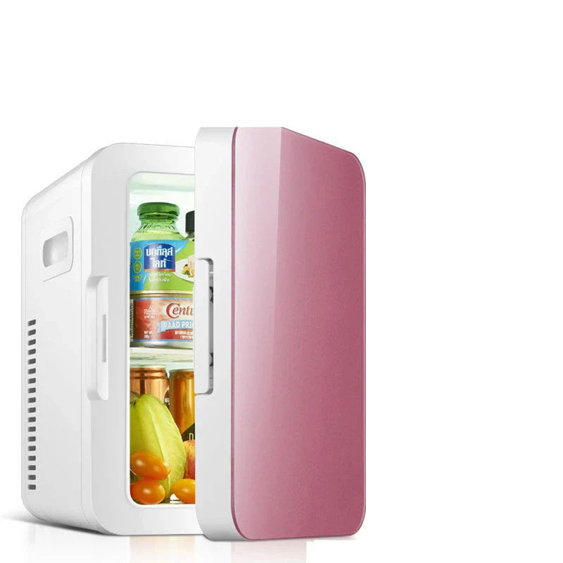 Compact 8L dual-purpose car and home refrigerator in white color, designed for use in bedrooms, dorms, and during travel