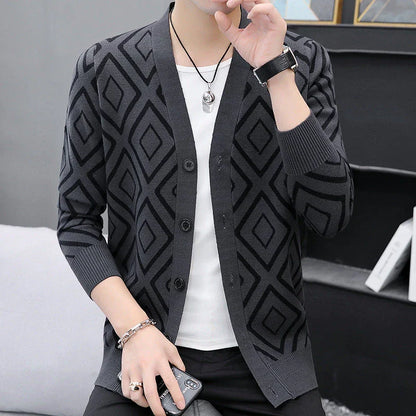 Premium knitted cardigan sweater for men in various classic color options, featuring a soft, comfortable blend of materials and a modern, tailored fit.