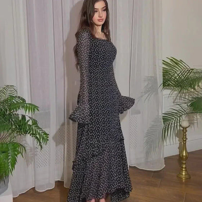 Elegant chiffon polka dot dress with flattering lotus leaf sleeves