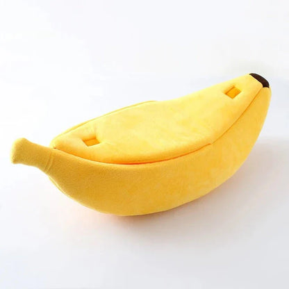 Cozy banana-shaped pet bed in various sizes and colors, providing plush comfort and support for cats and dogs