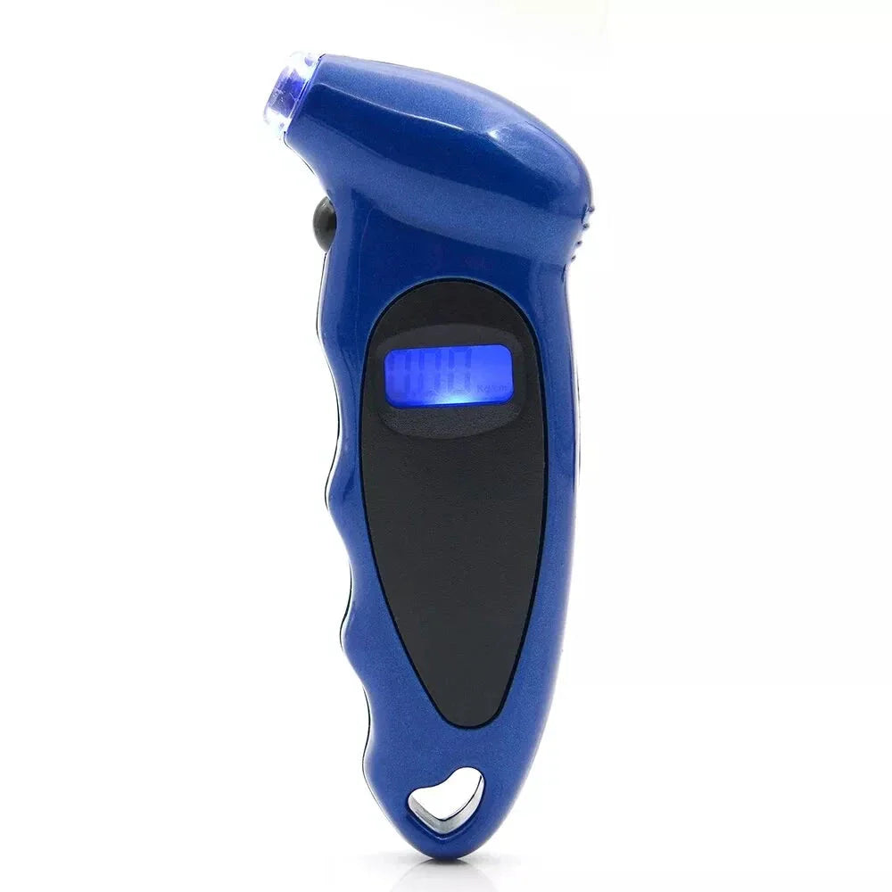 Digital tire pressure gauge with backlit LCD display, showing accurate readings in multiple units for various vehicle types.