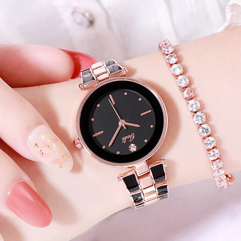 Trendy Korean-style white quartz ladies watch with rose gold accents and stainless steel strap