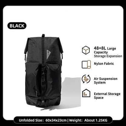 Durable Mountaineering Backpack with 48-liter main compartment, abrasion-resistant 420D Nylon construction, and adjustable features for comfortable outdoor adventures