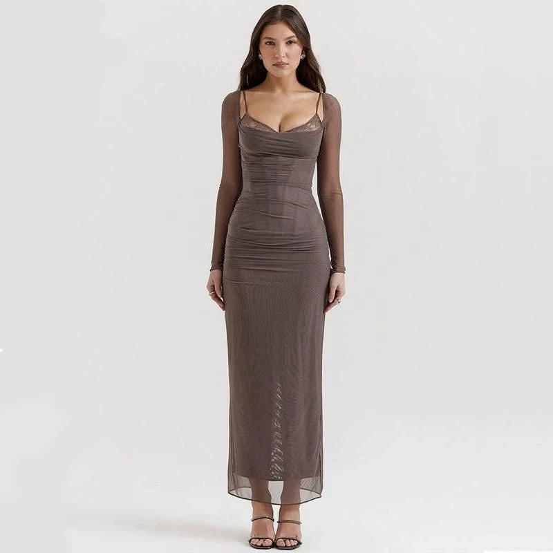 Elegant sheer long sleeve maxi dress with a backless design and H-profile silhouette for a sophisticated and alluring evening look.