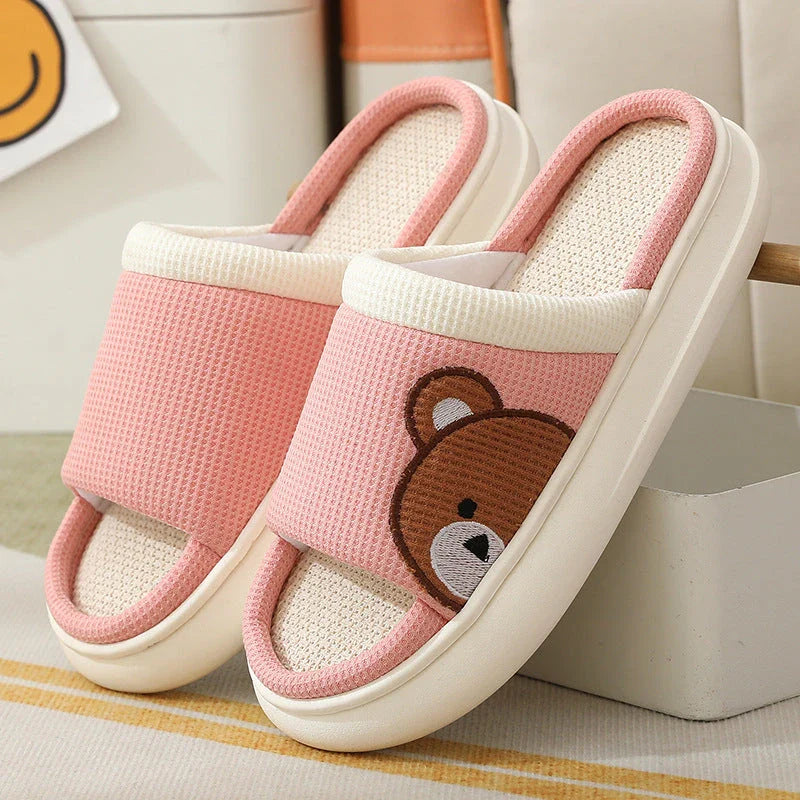Cozy cartoon bear design linen slippers with non-slip, breathable sole for comfortable indoor wear