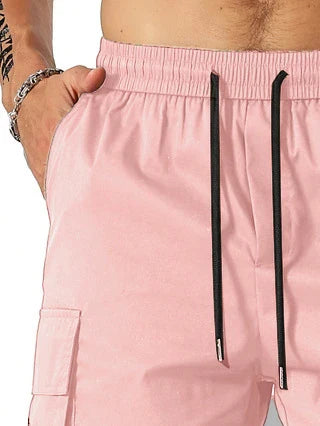 Drawstring waist men's workwear shorts with multiple pockets in various colors
