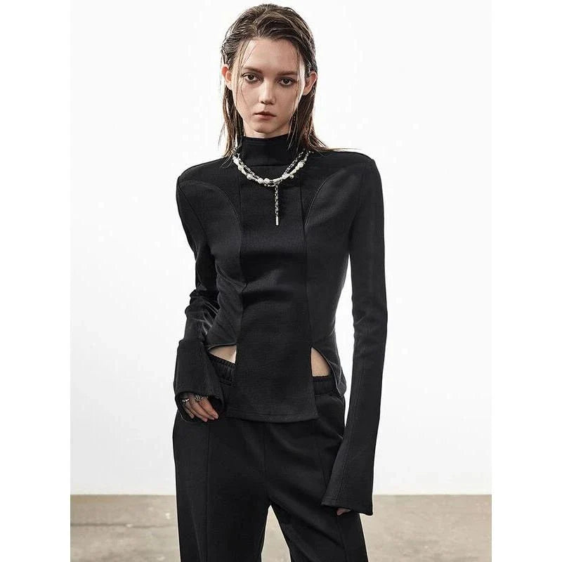 Chic Slim-Fit Knitted Pullover in Brown and Black colors, showcasing the sleek half-high collar and flattering split hem design.