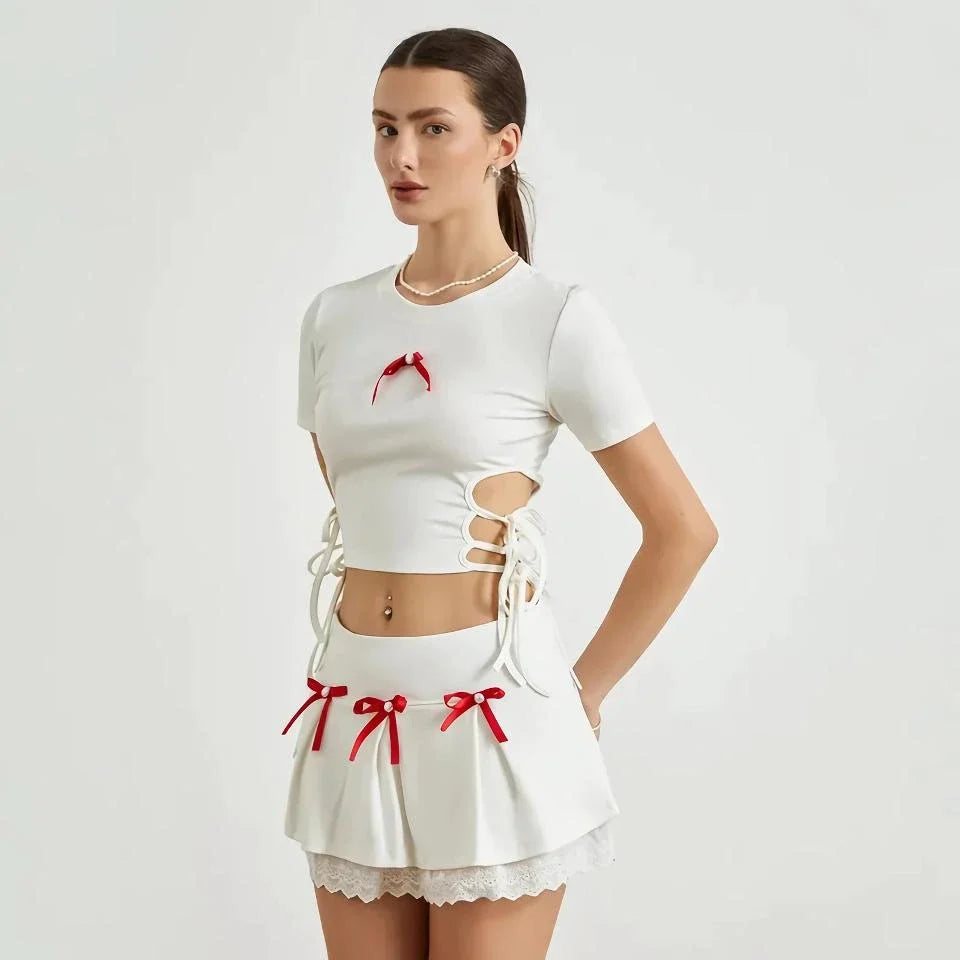 Chic lace 2-piece summer set with bandage T-shirt and mini skirt