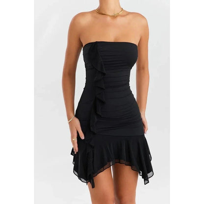 Elegant strapless ruffled mini dress in black featuring a bodycon silhouette and backless design for a chic, glamorous look.