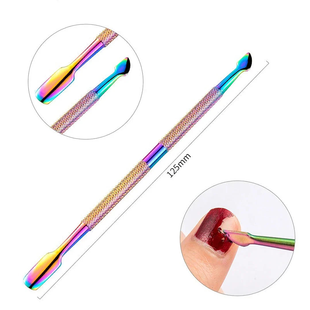 Premium stainless steel chameleon rainbow dual-ended cuticle pusher for salon-quality nail care at home