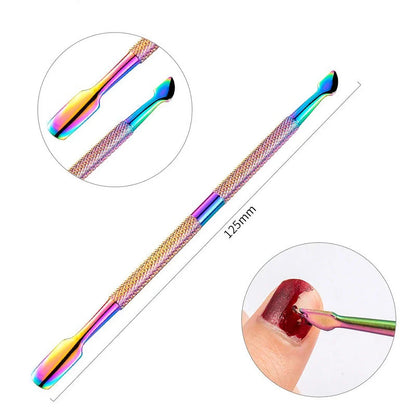 Premium stainless steel chameleon rainbow dual-ended cuticle pusher for salon-quality nail care at home