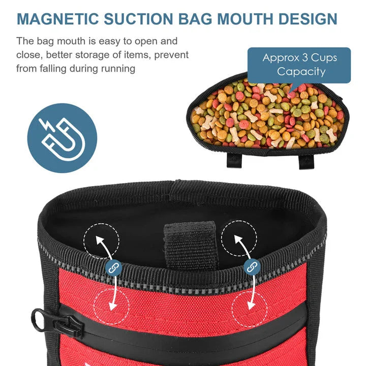 A durable and waterproof dog treat pouch with a magnetic closure, large capacity, and versatile wearing options for hands-free training sessions.
