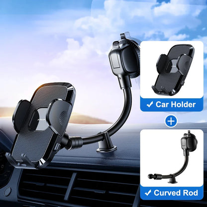 360-degree rotating car phone holder with flexible arm and universal smartphone compatibility