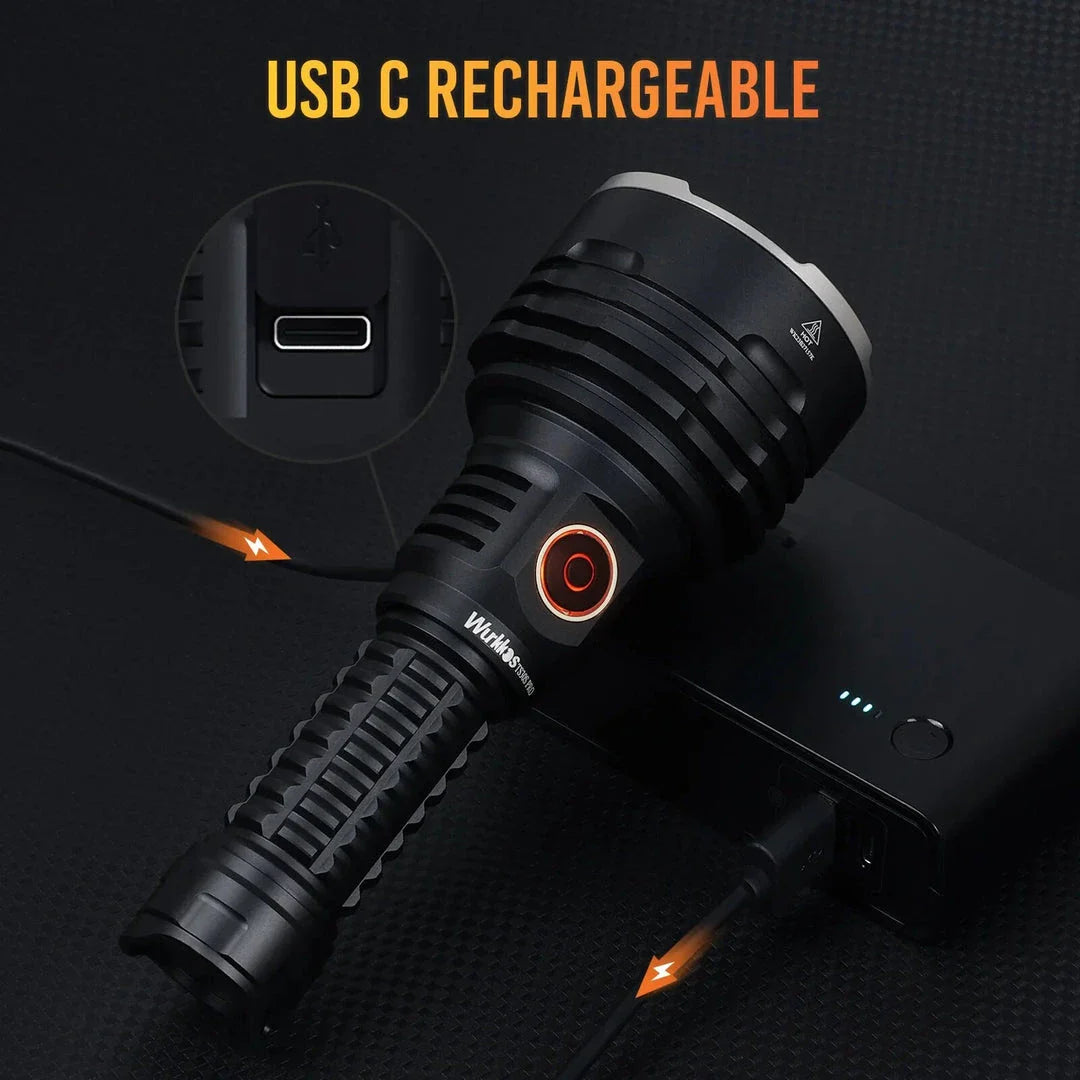 Powerful 6000 lumen tactical LED flashlight with USB-C power bank, long-range illumination, and durable waterproof design