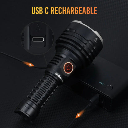 Powerful 6000 lumen tactical LED flashlight with USB-C power bank, long-range illumination, and durable waterproof design