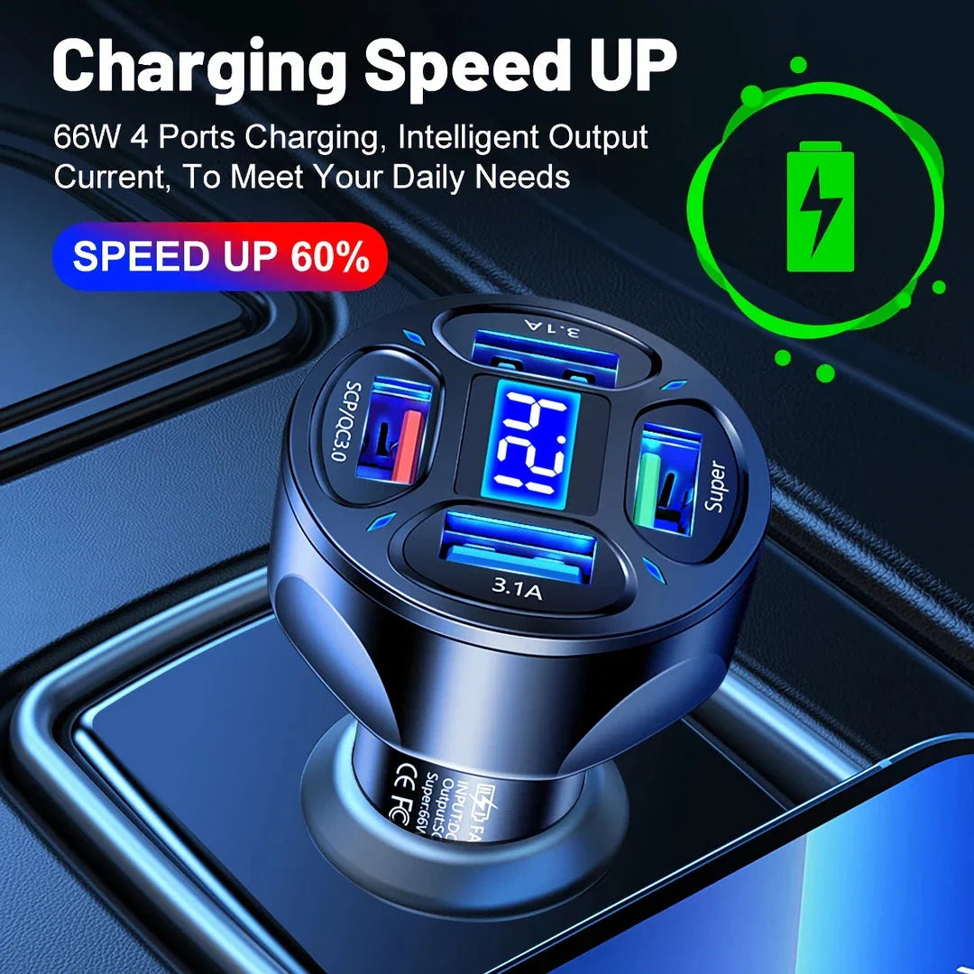 3-Port USB Car Charger with Quick Charge 3.0 technology for fast, efficient charging of smartphones, tablets, and other devices while driving