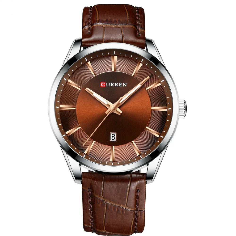 Stylish waterproof men's round belt watch in various color options, including black and white, coffee and white, blue and white, coffee and gold, and gold and black.