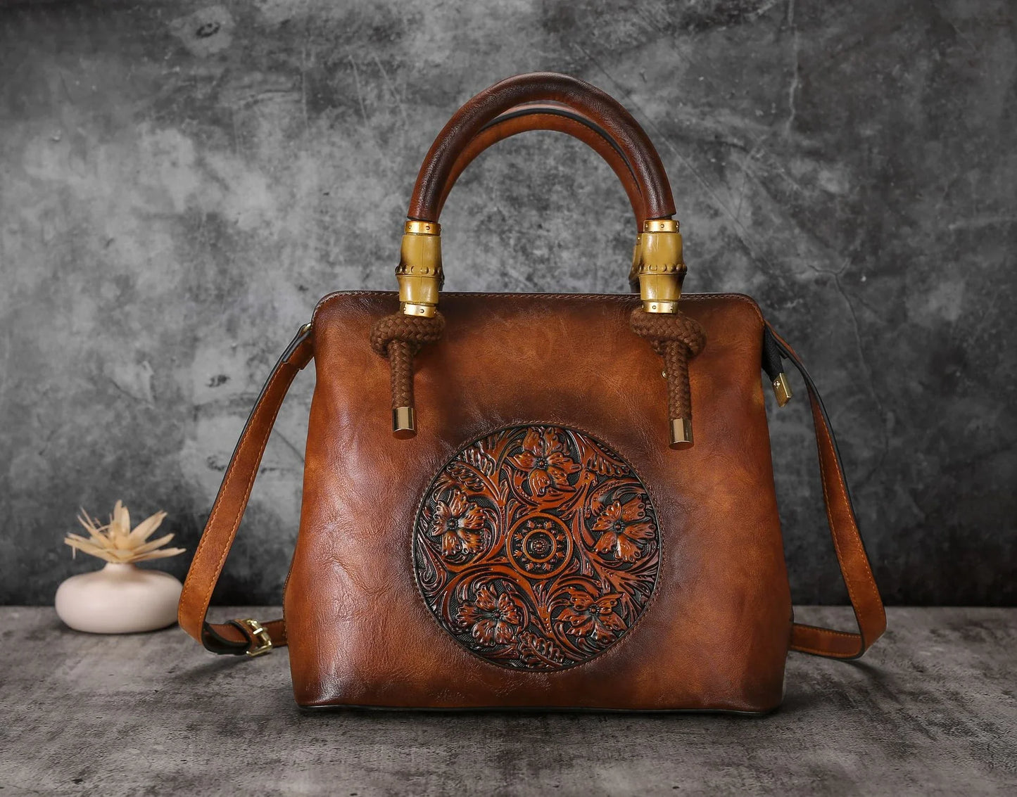 Bamboo shoulder bag with a roomy interior, multiple pockets, and a retro-inspired design for everyday use