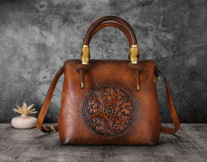 Bamboo shoulder bag with a roomy interior, multiple pockets, and a retro-inspired design for everyday use