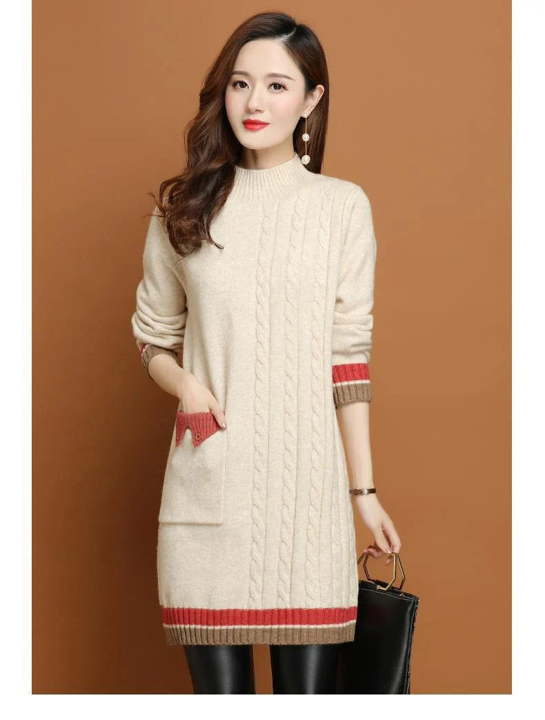 A mid-length knit dress with a cozy half-turtleneck, made of soft polyester fabric for all-day comfort and style.