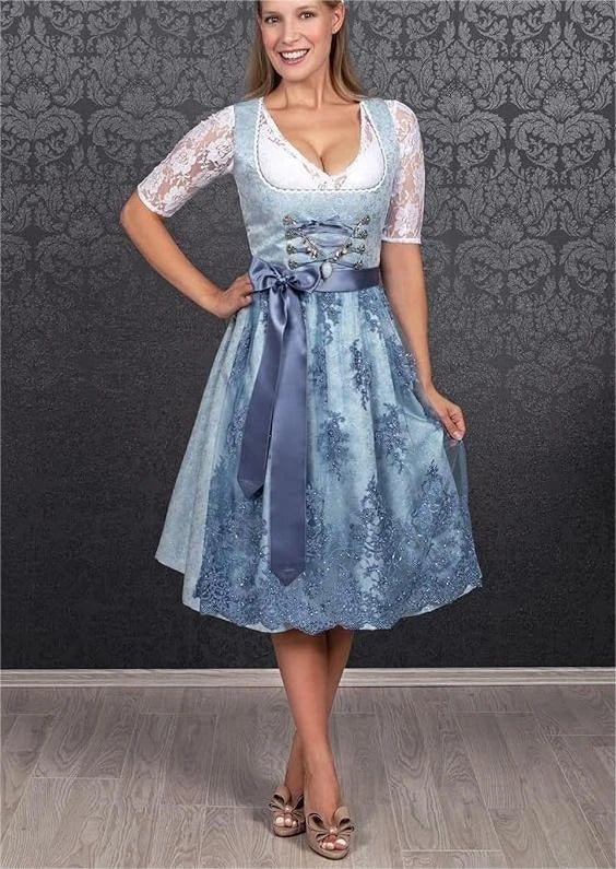 Bavarian-inspired 3-piece women's outfit with A-line skirt, pullover top, and jacquard pattern in sapphire blue color