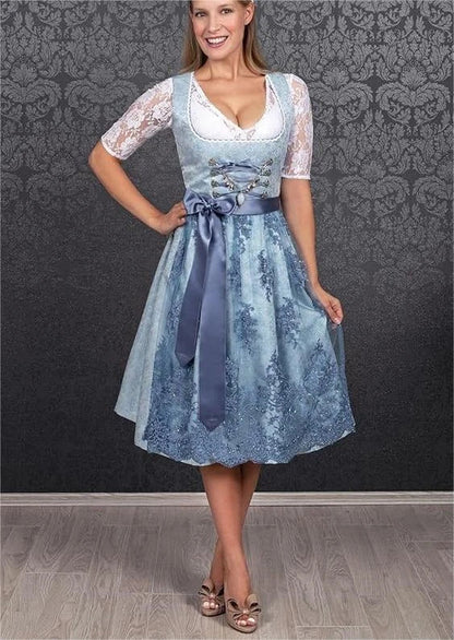 Bavarian-inspired 3-piece women's outfit with A-line skirt, pullover top, and jacquard pattern in sapphire blue color