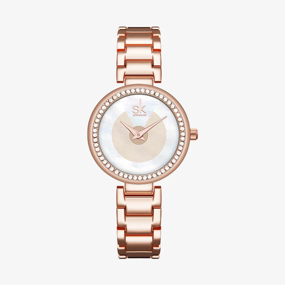A fashionable stainless steel women's watch with diamond accents, waterproof design, and a modern quartz movement.