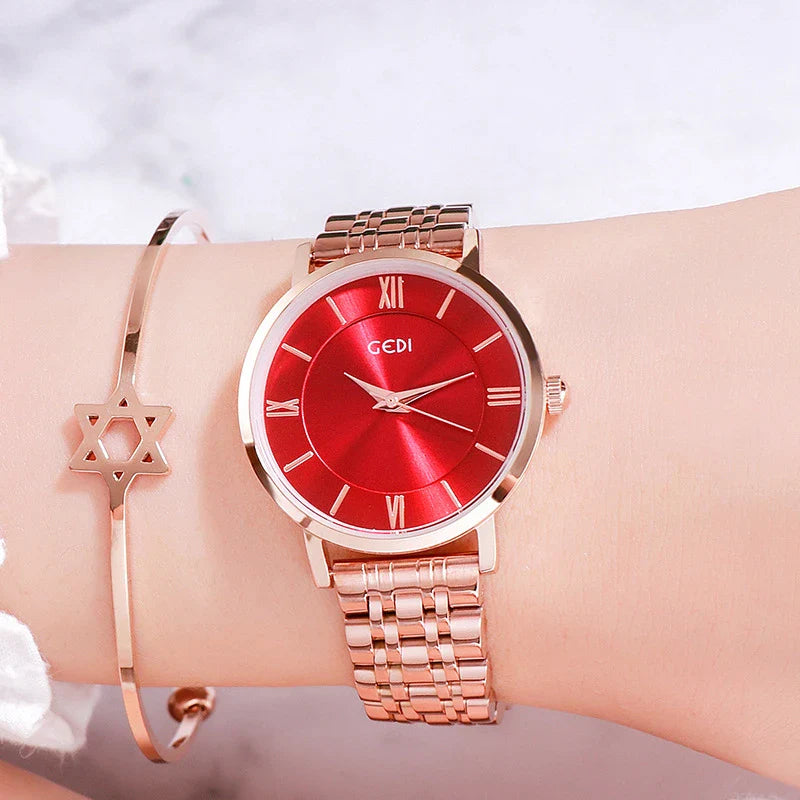 Fashionable women's waterproof watch with alloy and stainless steel construction, available in various color options