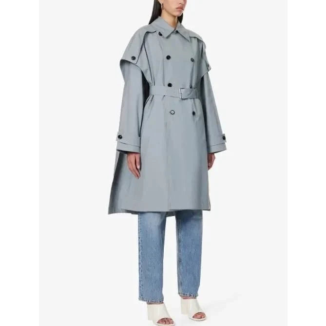 Elegant gray blue bat sleeve trench coat with double-breasted design, offering timeless style and modern comfort