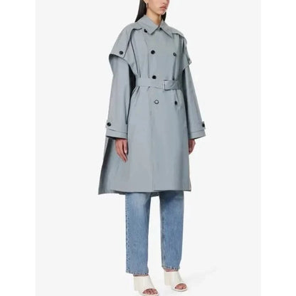 Elegant gray blue bat sleeve trench coat with double-breasted design, offering timeless style and modern comfort