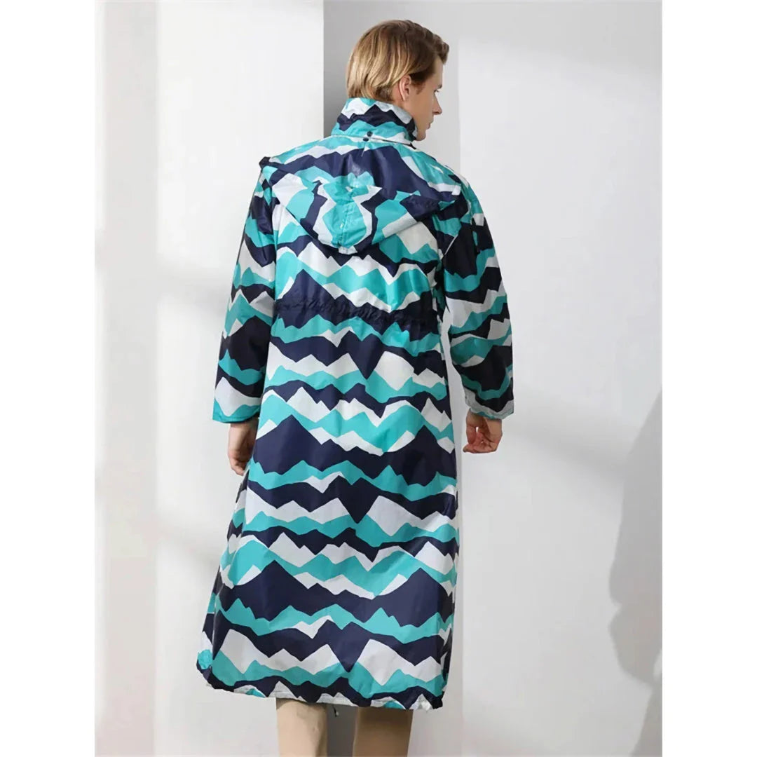 Men's long waterproof raincoat in light green color, made of high-quality Polyester Pongee fabric for durable, breathable, and weather-resistant performance.