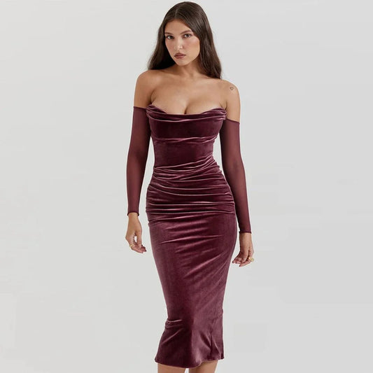 Stunning off-shoulder velvet dress with backless design, ideal for holiday parties and celebrations
