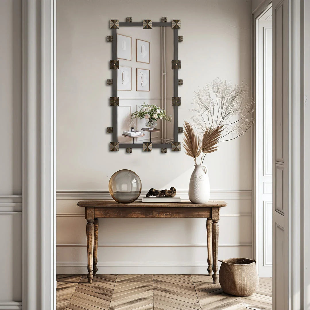 Elegant industrial-vintage rectangular wall mirror with ornate frame, perfect for bathroom, bedroom, or living room decor